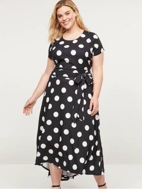 Lane Bryant Black and White Polka Dot High-Low Tie-Waist Dress